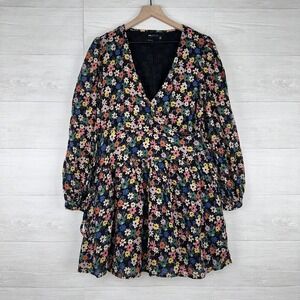 Asos Long Sleeve Mini Wrap‎ Dress Size 8 Black Ditsy Floral V Neck Puff Sleeves